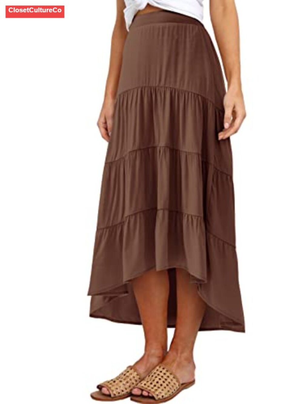Floral Print High Low Hem Pleated Midi Skirt A-Line Elastic Waist Summer